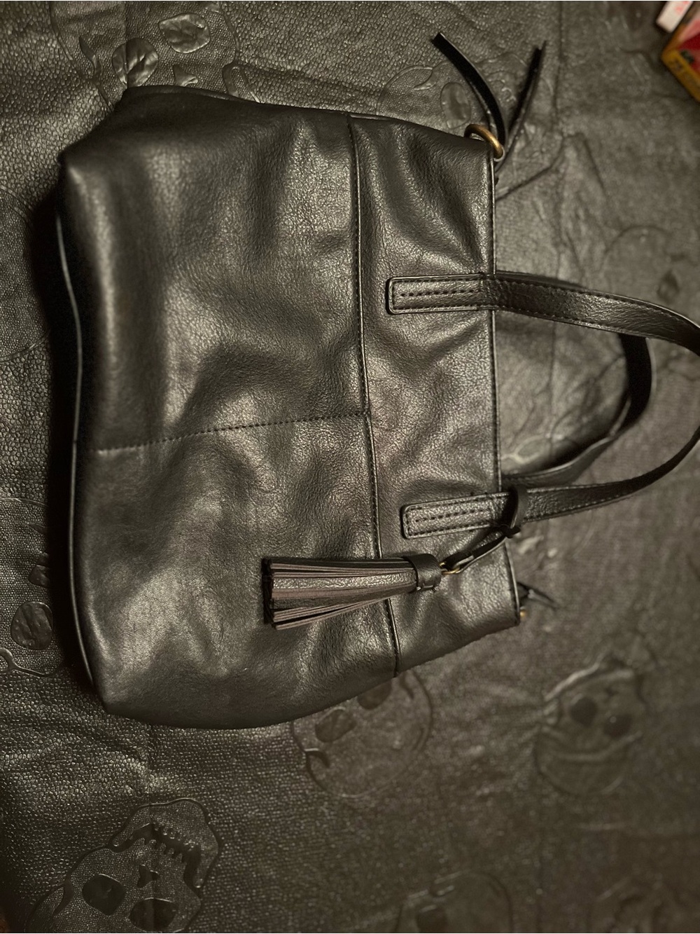 Sonoma Black Leather Shoulder Tote with Tassel Accent